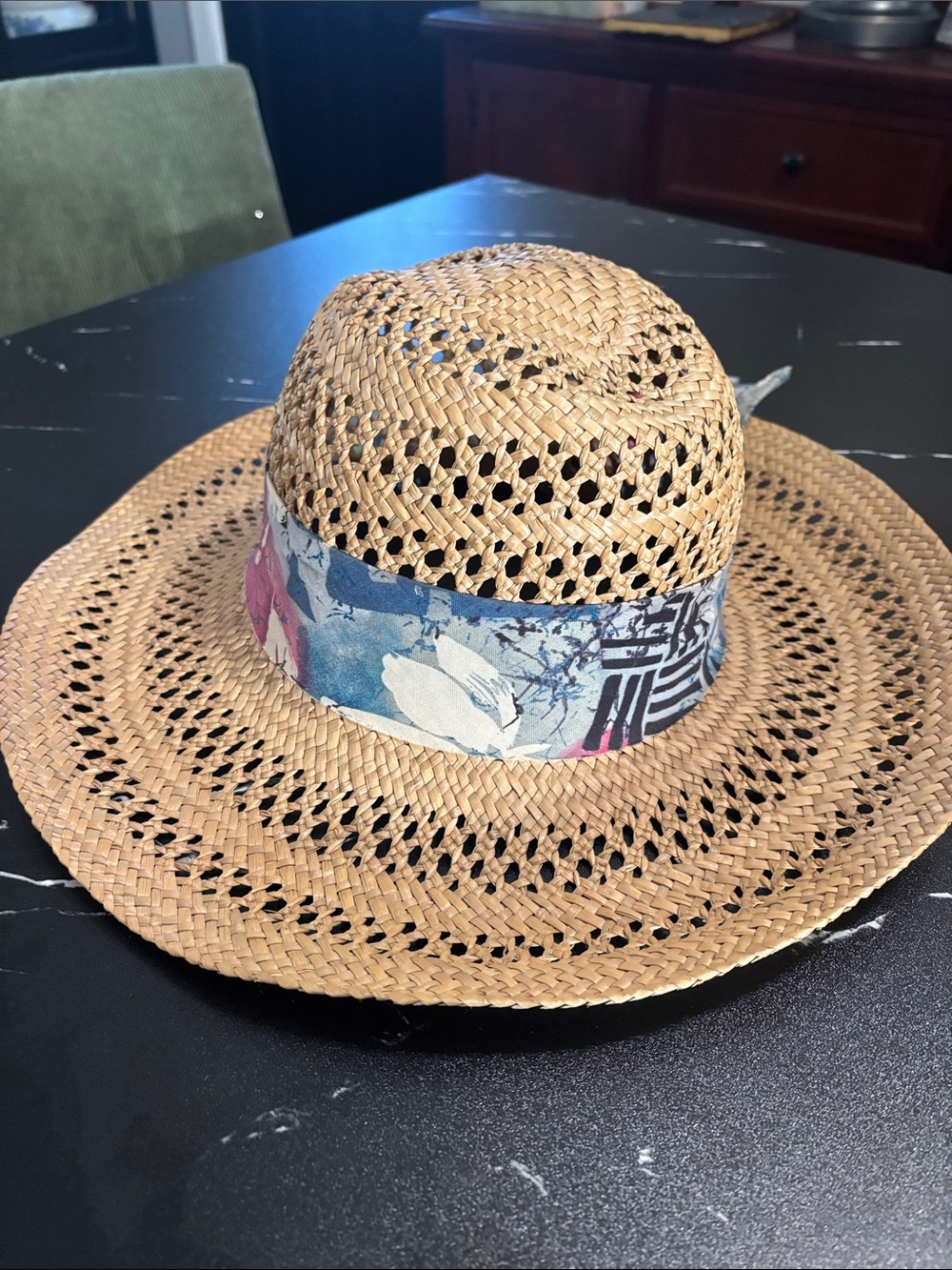 Made in Canada Tan Woven Straw Hat with Blue and Pink Floral Band